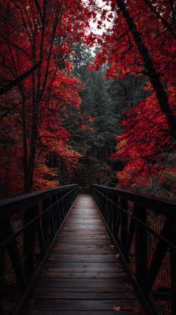 A wooden bridge spans through a dense forest, surrounded by trees with lush red and green leaves. The composition emphasizes symmetry and depth, with a clear pathway leading the eye. The image uses natural light, creating a moody atmosphere suitable for various editorial and commercial applications.の素材
