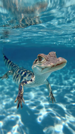 An alligator juvenile floats in transparent water, its textured skin and detailed features visible. The underwater perspective highlights a serene blue environment with light and shadow play. Suitable for wildlife publications, educational materials, or use in nature-themed projects.の素材