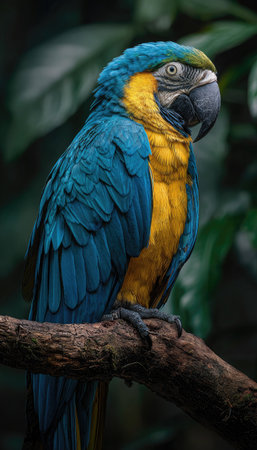 A close-up view displays a colorful parrot perched on a branch. The bird presents a combination of blue and yellow feathers. The image shows the parrot's profile with detailed textures. The setting appears to be outdoors. Suitable for commercial projects.の素材