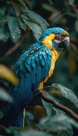 A stunning macaw, featuring brilliant blue and yellow plumage, is perched on a branch. The image highlights the bird against a backdrop of lush green leaves. The composition uses natural lighting and soft focus. Suitable for diverse applications, including educational resources and illustrative material.の素材