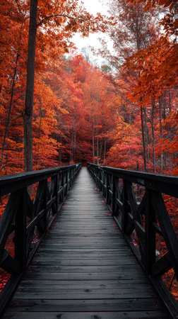 A wooden bridge spans through a dense forest, showcasing the brilliance of autumn. The image is dominated by vivid red and orange leaves, creating a dynamic visual contrast. The scene features a symmetrical composition, possibly captured in daylight. It could be suited for a variety of editorial or commercial purposes.の素材