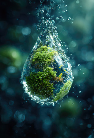 A conceptual image presents the world within a water droplet, showcasing the Earth's continents and greenery. The composition features a clear droplet surrounded by smaller bubbles, set against a blurred, dark background. It is brightly lit, using vibrant colors and could be utilized for various environmental or scientific themes.の素材