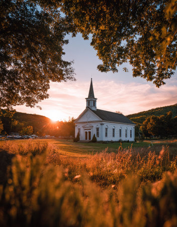 A white church stands prominently against a colorful sunset. The image displays a classical architectural style. Warm tones of orange and gold dominate the foreground, giving way to blue sky with soft light. This image is suited for various editorial and commercial projects, illustrating peace and community.の素材