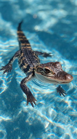 An alligator, likely a juvenile, floats effortlessly in clear, azure water. The creature's textured skin exhibits a mix of dark and light hues, creating a visual contrast. The scene is bathed in bright sunlight, emphasizing the clarity of the water. This image could be suitable for various commercial and editorial applications.の素材