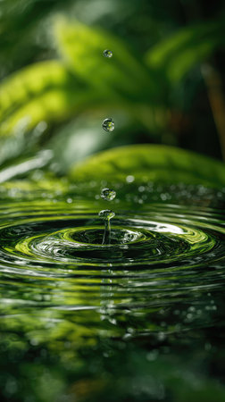 A close-up captures a water droplet impacting a reflective surface, generating concentric ripples. The scene features lush green foliage providing a natural backdrop. The lighting highlights the water's texture and movement, suitable for various editorial and commercial applications. The composition emphasizes the interplay between light, water, and nature's elements.の素材