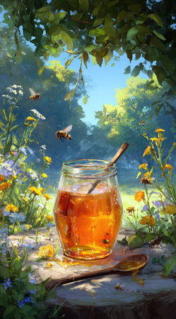 A jar of golden honey sits prominently in a sun-drenched garden scene, accompanied by a wooden spoon. The vibrant artwork depicts bees in flight, surrounded by wildflowers and lush greenery. The warm lighting suggests a daytime setting, suitable for illustrating themes related to nature and food products, with potential uses in various commercial applications.の素材