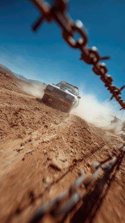 An off-road vehicle speeds across a dirt track, kicking up dust under a bright blue sky. The composition features a shallow depth of field, with blurred barbed wire in the foreground. The image uses warm tones and dynamic lighting. Suitable for adventure, exploration, and travel-related visual content.の素材
