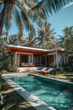 A stunning villa features a turquoise swimming pool and is surrounded by lush palm trees under a clear, blue sky. The architectural style includes wooden accents and large windows. The scene has bright natural lighting. This image is suitable for travel, vacation, or real estate advertising.の素材