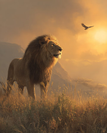 A powerful lion stands tall against a backdrop of a warm sunset. The image displays a sense of grandeur and freedom, with the animal's impressive mane and posture. The composition utilizes golden light and a soft, diffused aesthetic. Suitable for commercial and editorial applications, conveying themes of nature and wildlife.の素材