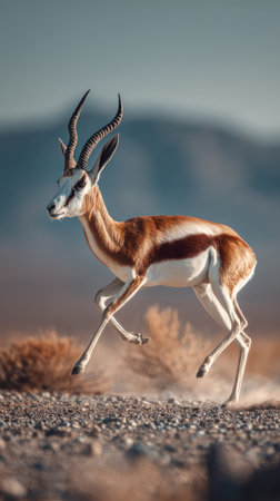 A springbok antelope is captured in motion against a blurred natural backdrop. The image showcases the animal's brown and white fur, set in an environment of dry terrain. The lighting suggests a day setting, perhaps suitable for editorial features or wildlife stock imagery.の素材