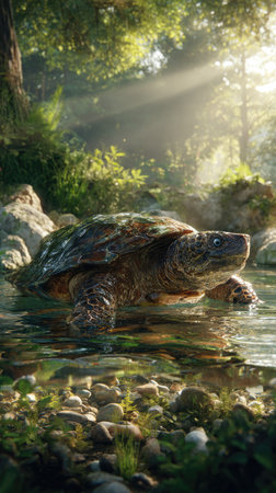 A turtle is captured in a sunlit stream, showcasing its textured shell and surroundings. The image displays a soft focus and warm colors suggesting a forest environment. The composition could be useful for illustrating articles or as background visuals. The scene evokes a sense of tranquility.の素材