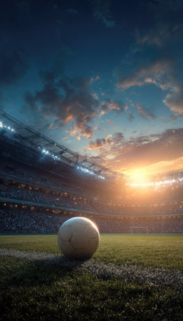 A soccer ball rests on a green field in a stadium during a sunset. The image features dramatic lighting with a vibrant sky filled with clouds. The composition has an overhead view, highlighting the texture of the grass and the architectural details. This image is suitable for sports and conceptual purposes.の素材