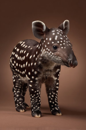A close-up studio shot presents a young tapir, displaying a distinctive coat of white spots over a dark brown body. The animal stands prominently, showcasing its unique markings against a plain brown backdrop, which highlights its fur texture. This image is suitable for a variety of commercial and editorial uses.の素材