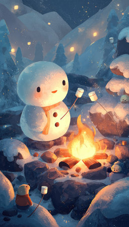 An illustration depicts a friendly snowman enjoying a campfire scene. The artwork features soft colors, primarily blues and whites, with warm orange tones from the fire. The composition suggests an outdoor winter environment with snow-covered trees and hills. It could be suitable for various commercial or editorial applications.の素材