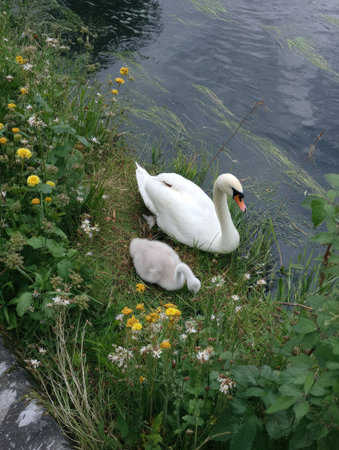 Two swans, one adult and one juvenile, are situated near a body of water, resting amongst green grass and yellow flowers. The composition showcases natural sunlight illuminating the scene with a serene and peaceful ambiance. This image could be used for various commercial or editorial applications.の素材