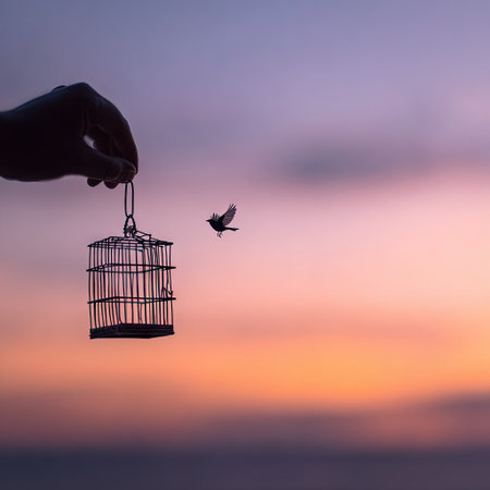 A hand holds an empty cage as a bird flies into the setting sun. The image features a silhouette composition with a warm color palette of orange and purple. The scene suggests freedom and liberation within a natural environment. Suitable for conceptual illustrations, editorial content, and various design applications.の素材