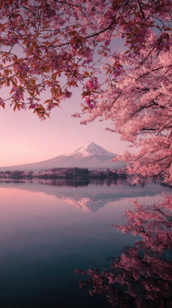 A serene landscape features Mount Fuji reflected in a still lake, framed by blooming cherry blossom branches. The image showcases soft pink and green hues, with a smooth water surface and gentle lighting. This picturesque scene evokes tranquility and can be used for various commercial or artistic projects.の素材