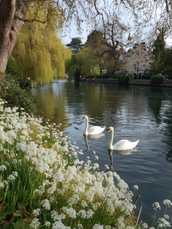 Two white swans glide across a calm river. The scene showcases lush greenery, including wildflowers in the foreground. Sunlight illuminates the water and the surrounding trees, highlighting the natural textures and creating a serene atmosphere. Suitable for use in editorial content or commercial imagery.の素材