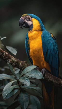 A striking macaw is the central subject, resting on a tree branch. Its plumage features vivid blues and yellows, creating a visually compelling contrast. The image uses soft lighting and a blurred background to emphasize the parrot. Suitable for various editorial or commercial applications, it showcases natural beauty.の素材