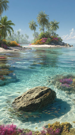 A scenic view depicts a tropical island with crystal clear turquoise water. Palm trees line the shore with vibrant green leaves. The composition showcases detailed textures, vivid colors, and bright daylight conditions. Suitable for travel, tourism, and environmental themes, this image could be used for various commercial projects.の素材