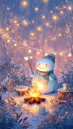 An illustration depicts a friendly snowman warming marshmallows over a campfire. The scene is set in a snowy forest illuminated by soft string lights. The artwork features a cozy atmosphere with blue and yellow hues. The image is suitable for various commercial purposes, including holiday themes.の素材