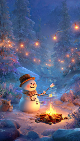 A snowman with a hat and scarf is roasting marshmallows over a campfire. The scene is set in a snowy forest at night, illuminated by the fire and glowing lights. The artwork features a cartoon style with vibrant colors and a peaceful ambiance, suitable for various editorial and commercial applications.の素材