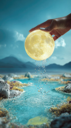 An image showcases a hand gently holding a luminous sphere, positioned above a stream of water and a detailed landscape. The composition utilizes a blend of cool and warm tones, with the sphere's light casting an ethereal glow. Suitable for concepts, design, fantasy and creative projects.の素材