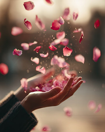A person's hands gently release flower petals, creating a dynamic, airborne display. The image captures the petals in various stages of flight, highlighted by soft focus and bokeh effects. The color palette features pinks and reds, set against a blurred background. Suitable for artistic projects and commercial use, conveying themes of beauty.の素材