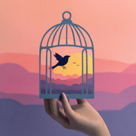 A hand holds a cage-shaped silhouette containing a bird flying toward a sunset. The image displays a stylized landscape with gradients of pink, purple, and orange hues. The design suggests concepts of freedom. This artwork may be used in commercial projects or editorial designs, emphasizing the theme of liberation.の素材