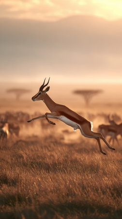 A springbok leaps gracefully across a field of dry grass, its body suspended mid-air. The scene is bathed in warm, golden light, suggesting a sunrise or sunset. The composition features a shallow depth of field, with other animals visible in the blurred background, possibly suitable for nature-related media.の素材