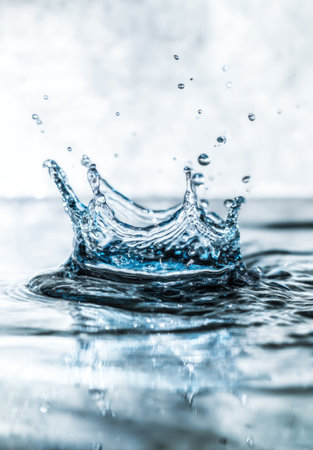 An image captures a water drop impact creating a crown-shaped splash. The composition highlights the droplet, ripples, and surrounding water in shades of blue and white. The macro style emphasizes texture and detail. Suitable for illustrating various concepts and providing visual content for diverse applications.の素材