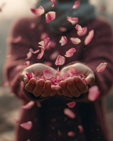 A person holds up hands to catch falling pink rose petals. The image features soft lighting and a shallow depth of field, emphasizing the delicate petals. The composition focuses on the action and evokes feelings of peace and serenity. Suitable for editorial use, or design related projects.の素材