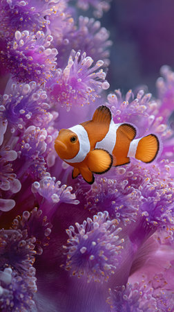 A brightly colored clownfish swims near a lush purple coral reef. The image showcases a close-up perspective with selective focus, highlighting the fish and the intricate details of the coral. The composition features a natural, underwater environment with soft lighting, suitable for various editorial and commercial applications.の素材