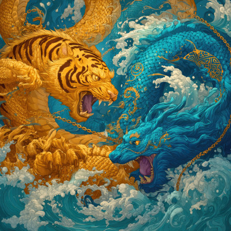 An artistic depiction presents a golden tiger and a blue dragon engaged in a confrontation within a churning sea. The image showcases intricate details and expressive features, set against a backdrop of dynamic water movement. This imagery may be used for a variety of creative projects or illustrations.の素材