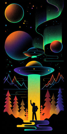 An illustration depicts a person beneath a beam of light extending from a UFO. The image features a dark background with celestial bodies and a stylized landscape. The scene uses vibrant colors and highlights the interaction with the unknown. Suitable for various design projects and editorial uses.の素材