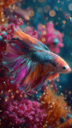 A close-up view presents a brightly colored Siamese fighting fish gracefully swimming. The fish showcases a blend of orange, pink, and teal hues. It is set against a blurred background of aquatic plants and bokeh effects, suggesting an underwater environment. This image is suitable for various commercial uses.の素材