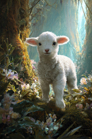 A fluffy, young lamb stands in a dense, green environment, highlighted by soft light. The lamb's white wool contrasts with the rich colors of the surrounding plants. The image is a digital rendering with a detailed texture and realistic lighting, suitable for various editorial and commercial applications.の素材