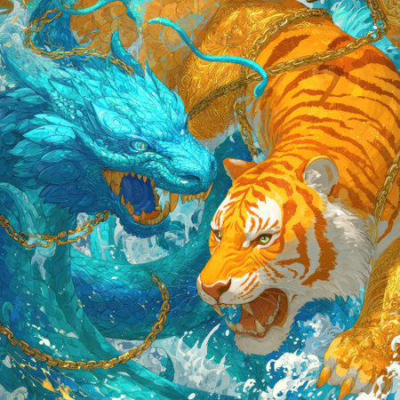 A dynamic composition presents a dragon and a tiger in a fierce confrontation. The image features brilliant blues, oranges, and golds, with detailed textures and fluid water effects. The art style suggests a fantasy or mythological theme, suitable for editorial content or creative projects.の素材