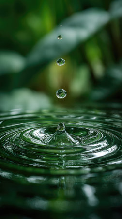 Captured in close proximity, water droplets are seen as they fall, causing ripples across the water's surface. The shot displays a green color scheme, with a soft focus on the background. This image can be used for projects that involve nature, environment and tranquility with commercial applications.の素材