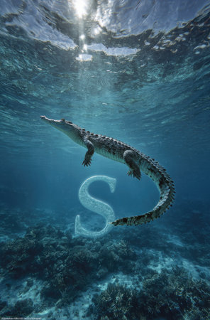 An image showcases an underwater scene featuring a crocodile with the letter S incorporated into its tail. The crocodile swims in clear blue water. Overhead lighting illuminates the scene. This visually interesting image may be suitable for advertising, educational content, or illustrative purposes.の素材