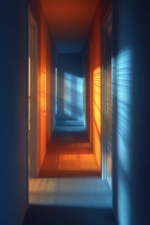 The image presents a long hallway bathed in warm and cool light. Orange and blue hues create a striking contrast. The composition emphasizes perspective, with lines converging toward a vanishing point. This visual could be used for architectural, interior design, or abstract concepts needing dynamic composition.の素材