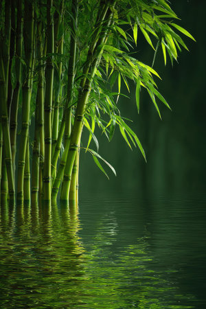 A close-up showcases vibrant green bamboo stalks emerging from water, reflecting the verdant foliage. The composition highlights the textured stems and leaves under soft lighting. The naturalistic setting evokes tranquility, suitable for various uses including serene imagery or illustrative content.の素材