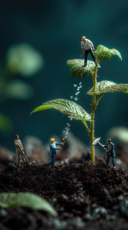 A conceptual image depicts miniature figures engaged in tending a growing plant. The scene shows a close-up view with vibrant green leaves and a dark background. The figures appear to be working, suggesting care and nurturing. This image could be used for various commercial and editorial purposes.の素材