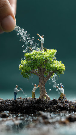 A macro shot displays a miniature scene of several tiny figures watering a small tree. The image showcases a vibrant green tree with the water droplets appearing to cascade down. The overall composition suggests growth and care, likely suitable for environmental or sustainable living concepts.の素材