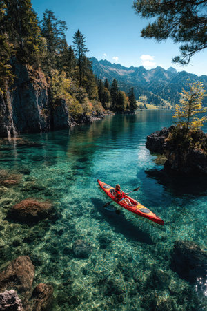 A vibrant image showcases a kayaker on a crystal-clear lake. The kayak, a vivid red, contrasts with the turquoise water. Mountains and a dense forest frame the scene. The composition, with its overhead perspective and bright sunlight, lends itself well to various commercial and editorial applications.の素材