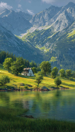 The image features a scenic mountain landscape with a tranquil lake reflecting the surrounding nature. Lush green hills lead to towering mountains, a small house nestled among trees. The artwork showcases vibrant colors, with excellent lighting and composition. The scene is well-suited for use in travel, nature, or inspirational publications.の素材