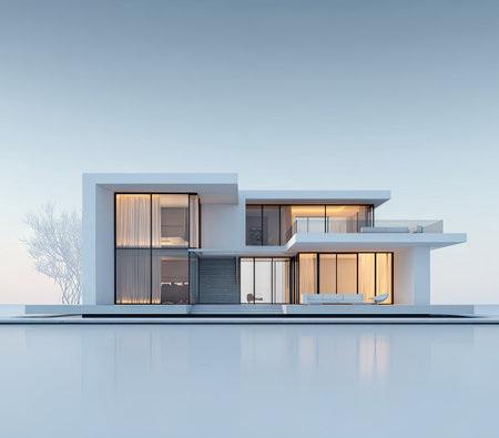 A contemporary architectural rendering showcases a modern building with clean lines and large glass windows. The composition features a neutral color palette, with the building situated against a pale sky. Suitable for commercial or editorial use, the image could represent housing or design concepts.の素材