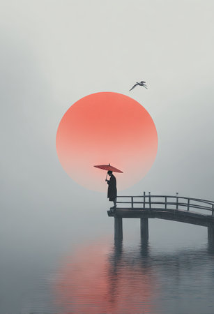 A person stands on a bridge, holding an umbrella under a large red sun. A bird flies above the person. The misty scene has calm water reflecting the image. The style of the image suggests a minimalist theme suitable for various commercial and editorial applications.の素材