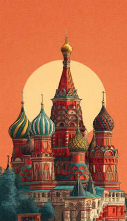 This illustration depicts a prominent cathedral with multiple vibrant domes. The artwork features a stylized aesthetic with bold colors and distinct lines. The background showcases an orange hue, and a large light-colored circular element adds to the composition. This image can be used for various commercial and editorial projects.の素材
