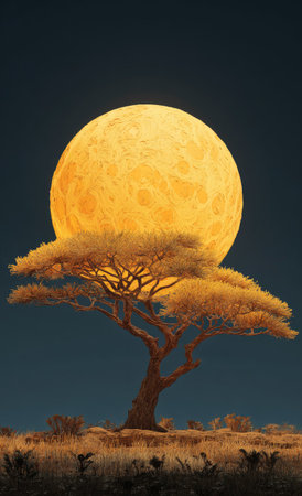A solitary tree stands silhouetted against a vibrant, oversized moon, dominating the landscape. The scene is dominated by warm yellows and browns, contrasted with a deep blue background. The image may be suitable for various commercial uses, including advertising or editorial design.の素材